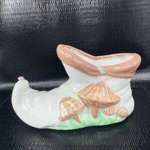 1976 Hand Painted Ceramic Shoe Shaped Planter Container Flower Pot Mushrooms